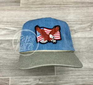 American Flag & Eagle Patch on Stonewashed Sky/Sand Retro Rope Hat