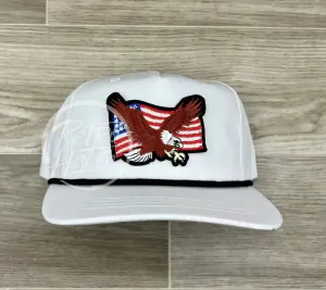 American Flag & Eagle Patch on White Retro Hat w/Black Rope