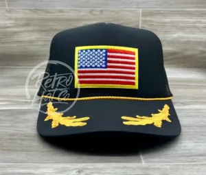 American Flag Patch on Black Trucker Hat w/Scrambled Eggs