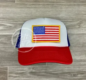 American Flag Patch on Red, White & Blue Meshback Trucker Hat