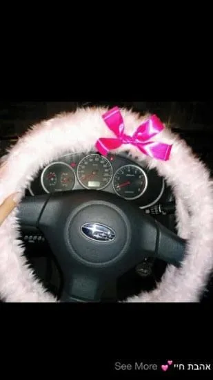 Baby Pink fuzzy faux fur car steering wheel cover with Barbie pink satin Bow