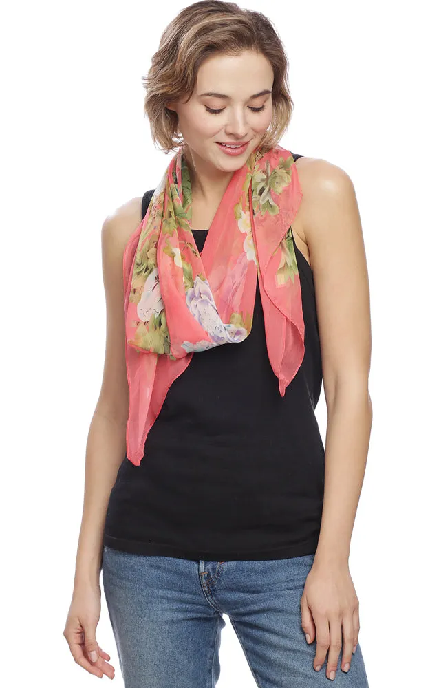 BASC4829 Coral Silky Floral Oblong Scarf