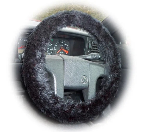 Black fluffy steering wheel cover and matching faux fur seatbelt pads