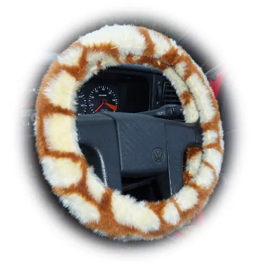 Giraffe print fuzzy Car Steering wheel cover & matching faux fur seatbelt pad set