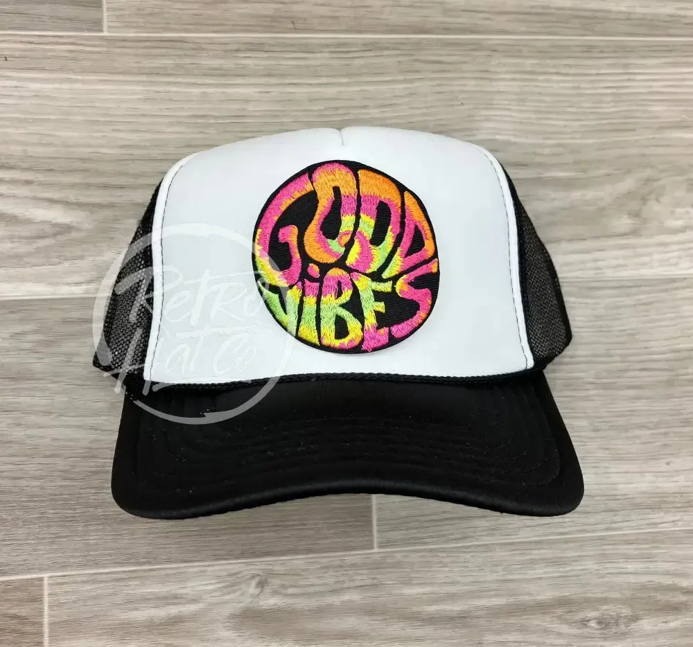 Good Vibes on Black/White Meshback Trucker Hat