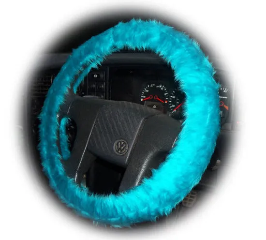 Gorgeous Teal Turquoise Car Steering wheel cover & matching fuzzy faux fur seatbelt pad set