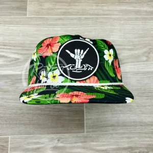 Hang Loose / Shakra Skeleton on Black Hawaiian Retro Rope Hat w/Leather Strap Back