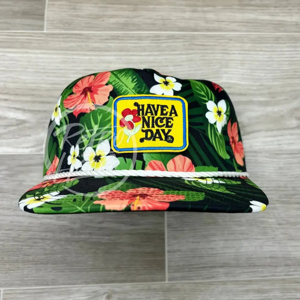 Have a Nice Day (small) Patch on Black Hawaiian Retro Rope Hat w/Leather Strap Back