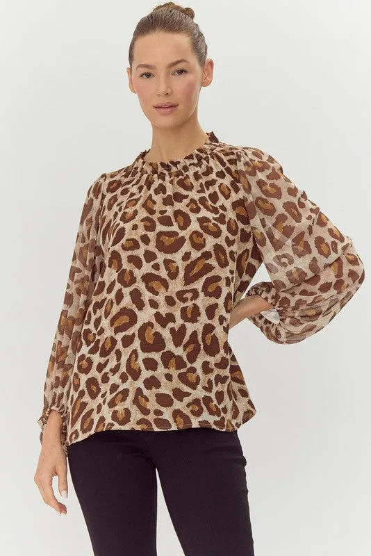 Leopard Print Chiffon Long Sleeves Top