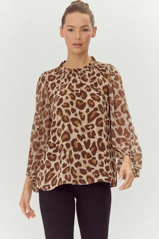 Leopard Print Chiffon Long Sleeves Top