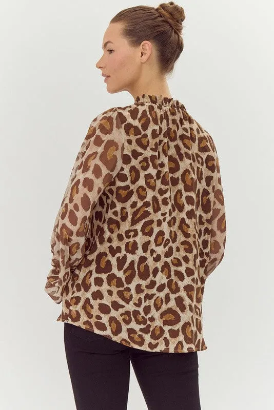 Leopard Print Chiffon Long Sleeves Top