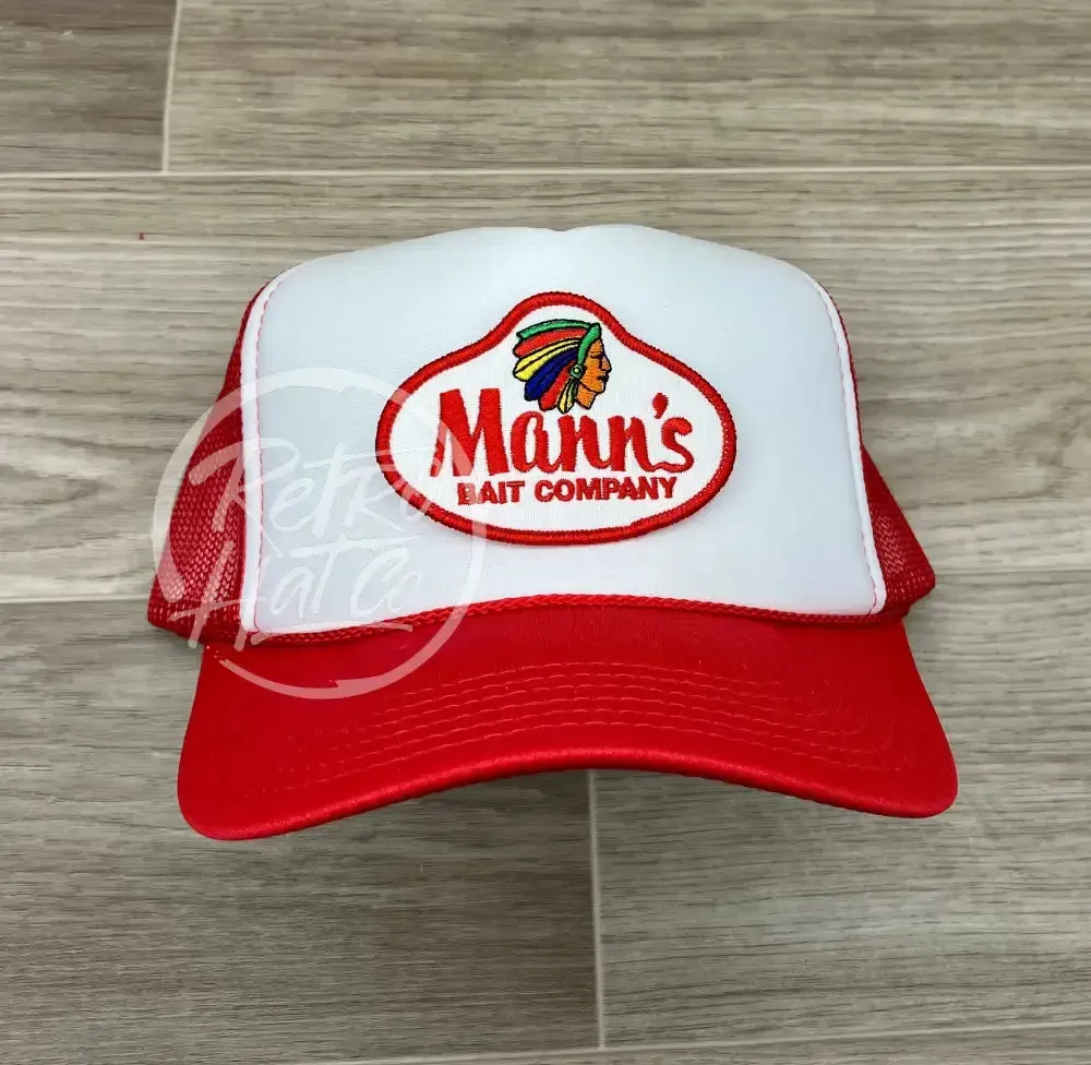 Mann's Bait Co. Patch on Red/White Meshback Trucker Hat