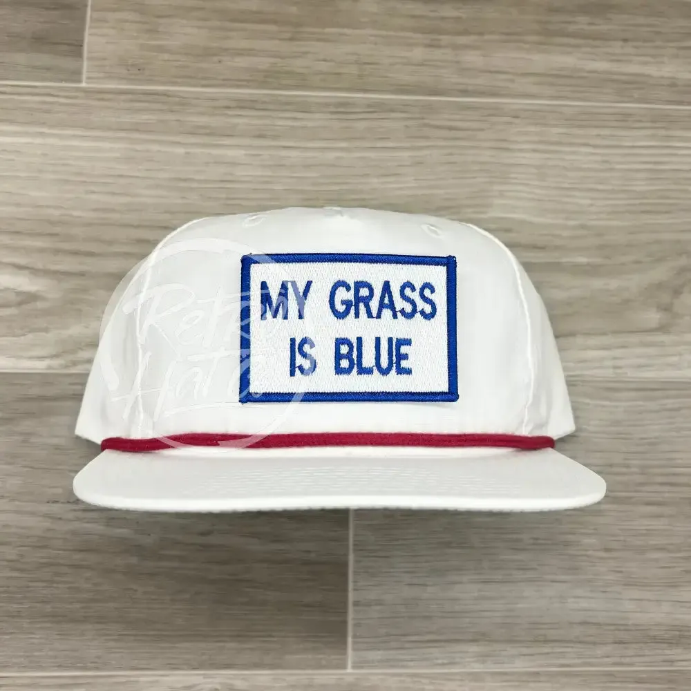 My Grass Is Blue Patch on White Retro Hat w/Red Rope