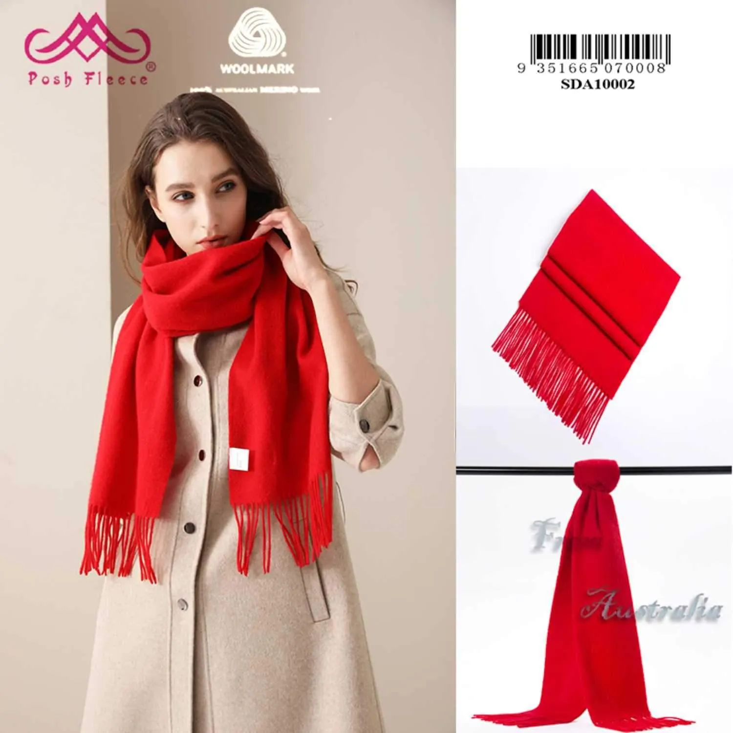 POSH FLEECE Pure Wool Scarf with Fringe Red