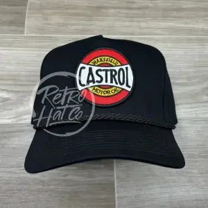 Retro Castrol Motor Oil Patch on Tall Black Retro Rope Hat