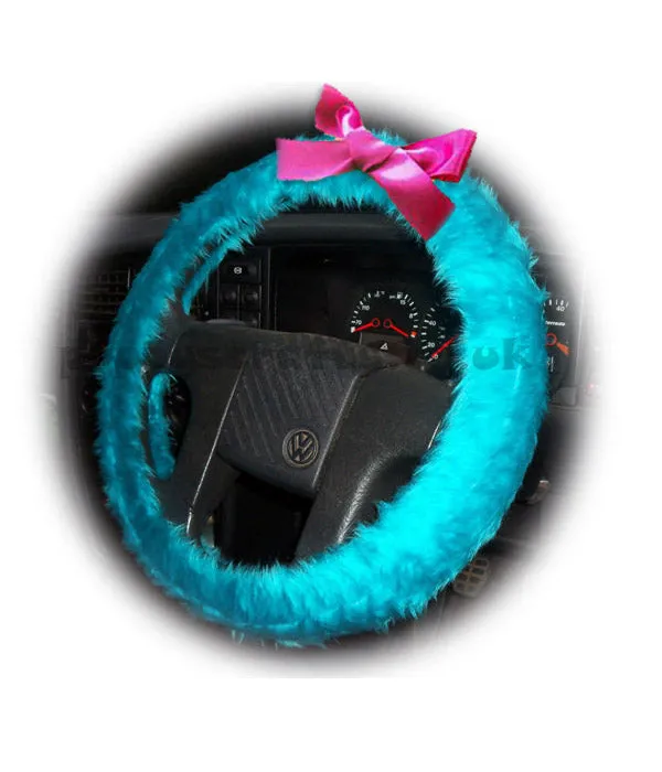 Turquoise / Teal fuzzy car steering wheel cover faux fur with Barbie Pink satin Bow