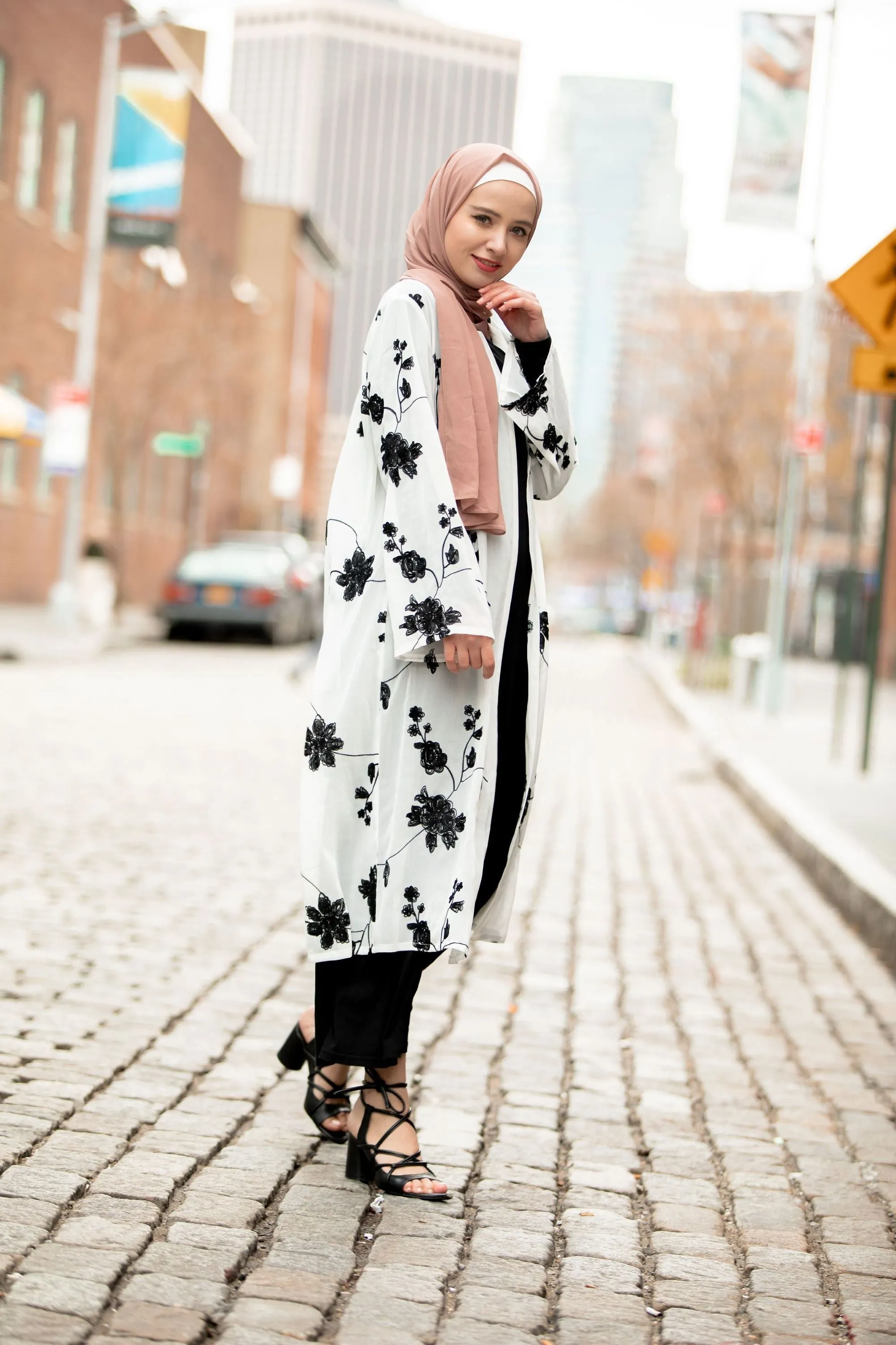 White and Black Embroidered Sheer Midi Cardigan